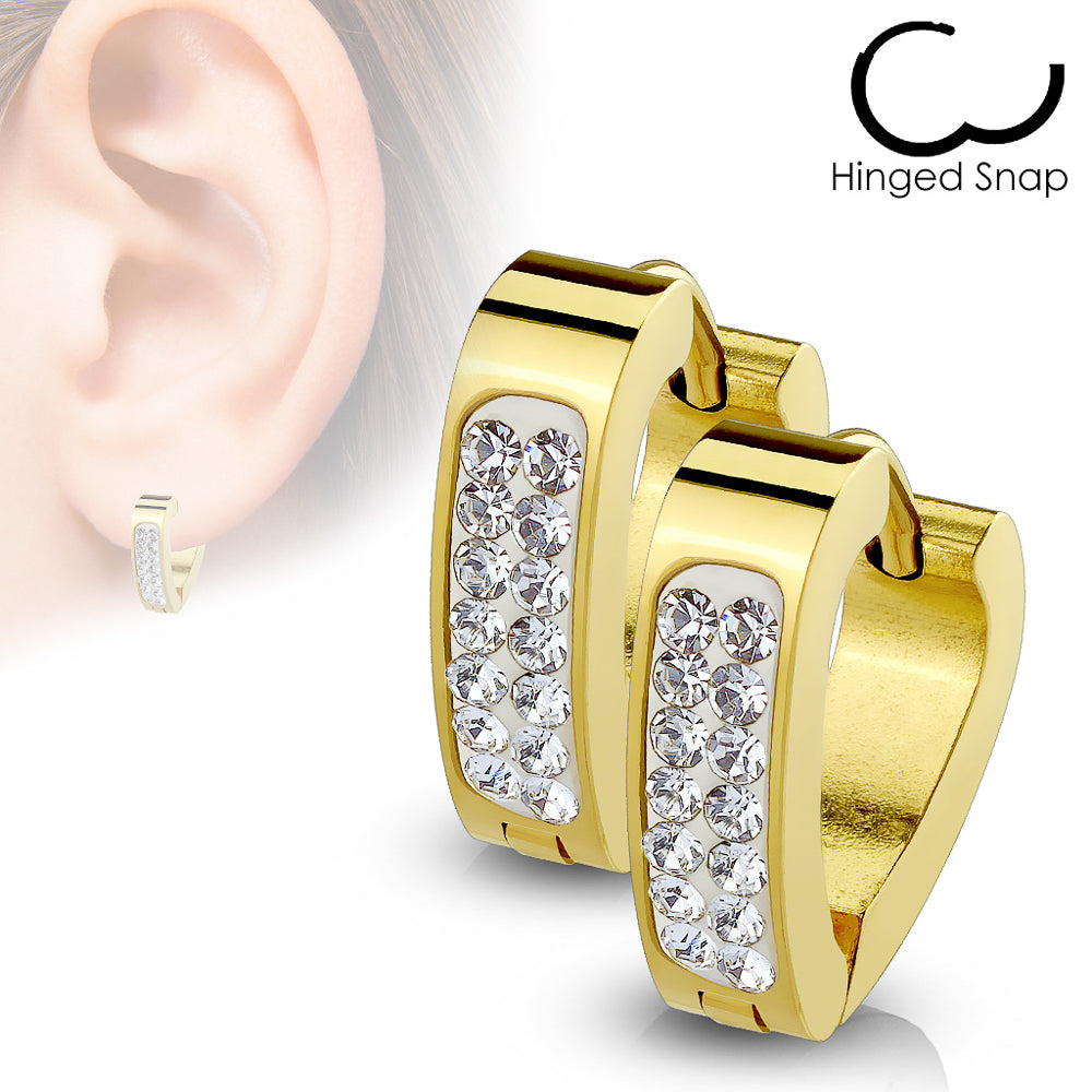 MJ-SE7087 Pair of Clear Crystal Paved Triangle Shape Stainless Steel Hoop/Huggie Earrings